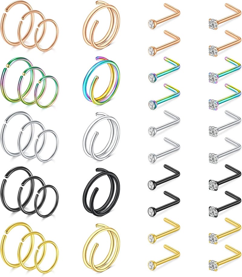 Mayhoop 20g Nose Rings Hoops And Studs For Women Men - Hypoallergenic 316L Surgical Stainless Steel L Shape Nose Screw Bone Silver Rose Gold Black Rainbow Pack 28Pcs - Image 1